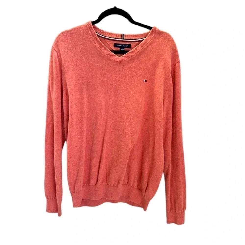 Tommy Hilfiger Long Sleeve V-Neck Cotton Sweater with Front chest Logo Sz L GUC